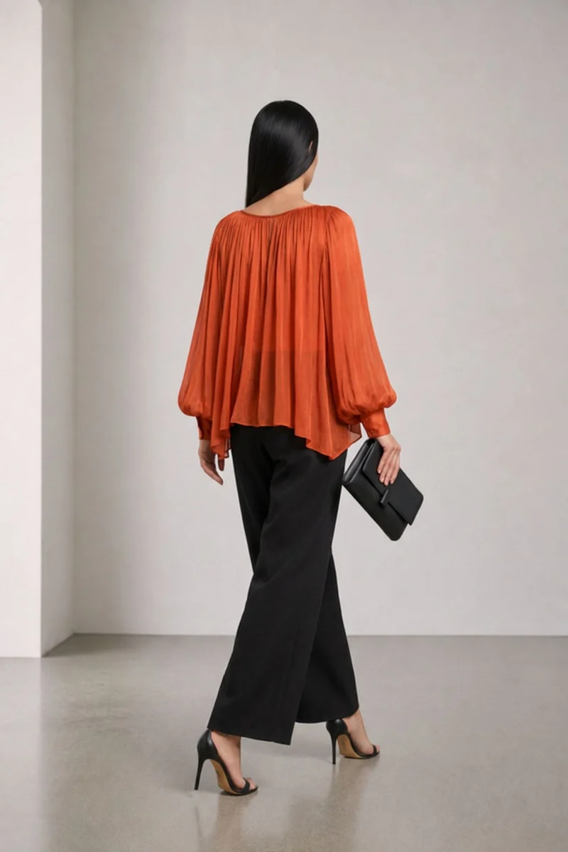 Solonue|Viscose Rust Gathered Puff Sleeve Top