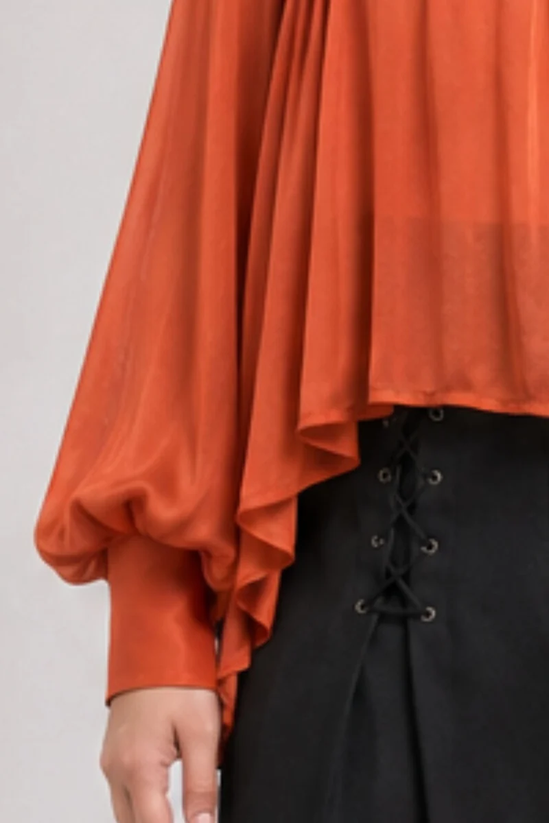 Solonue|Viscose Rust Gathered Puff Sleeve Top