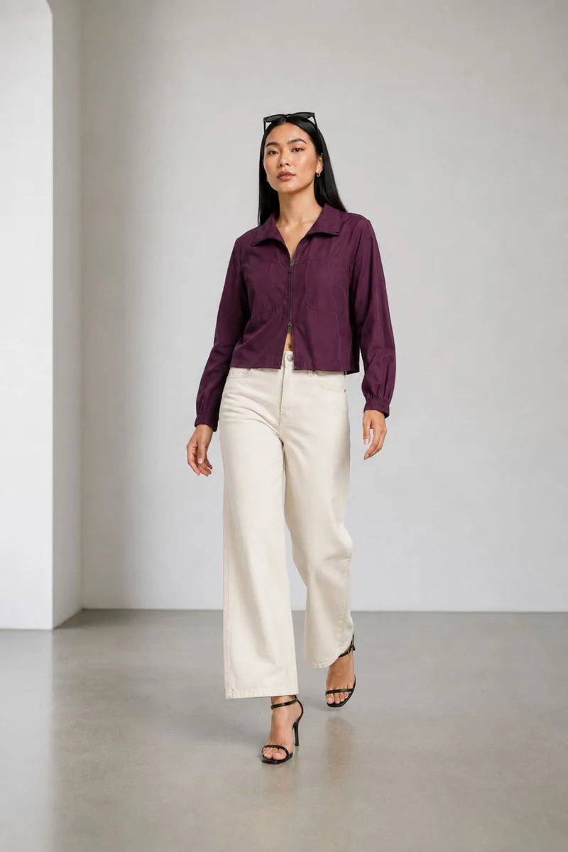Orelle|Purple Sheer Zip-Up Crop Jacket