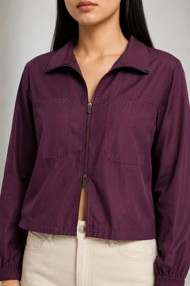 Orelle|Purple Sheer Zip-Up Crop Jacket