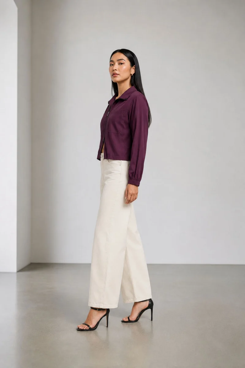 Orelle|Purple Sheer Zip-Up Crop Jacket