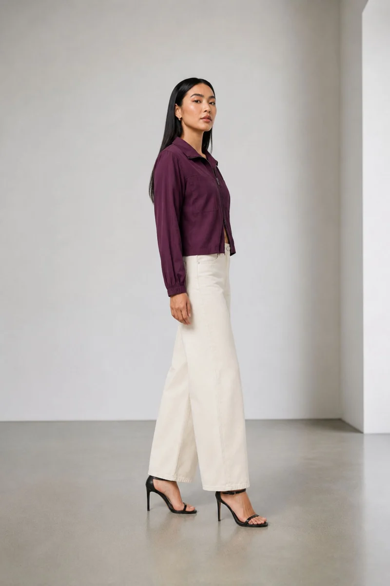 Orelle|Purple Sheer Zip-Up Crop Jacket