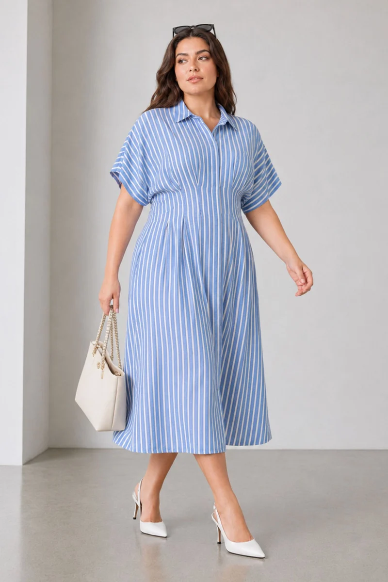 Selvine|Cotton Pleated Button Shirt Dress