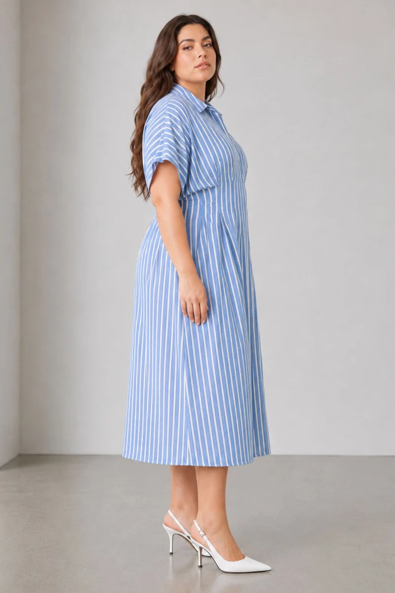Selvine|Cotton Pleated Button Shirt Dress
