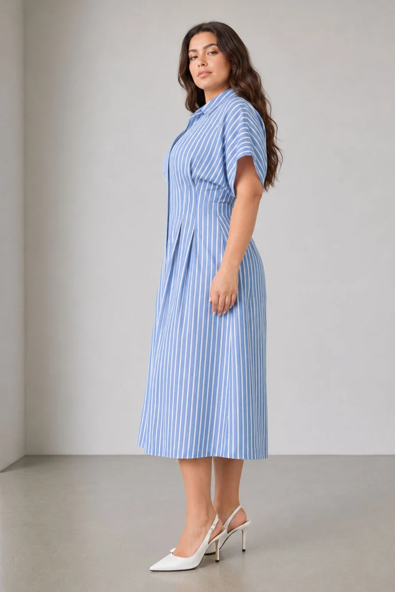 Selvine|Cotton Pleated Button Shirt Dress