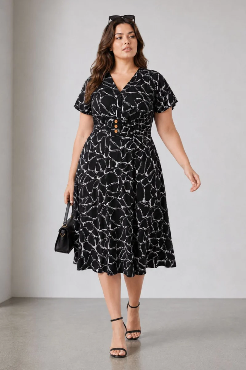Noivra|Viscose Fit And Flare Midi Dress