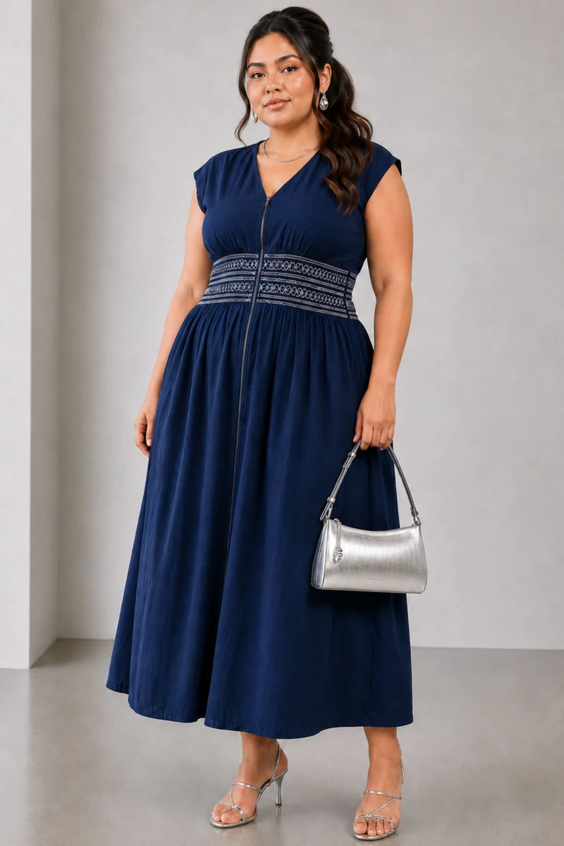Cerulaine|Cotton Contrast Smocking Maxi Dress