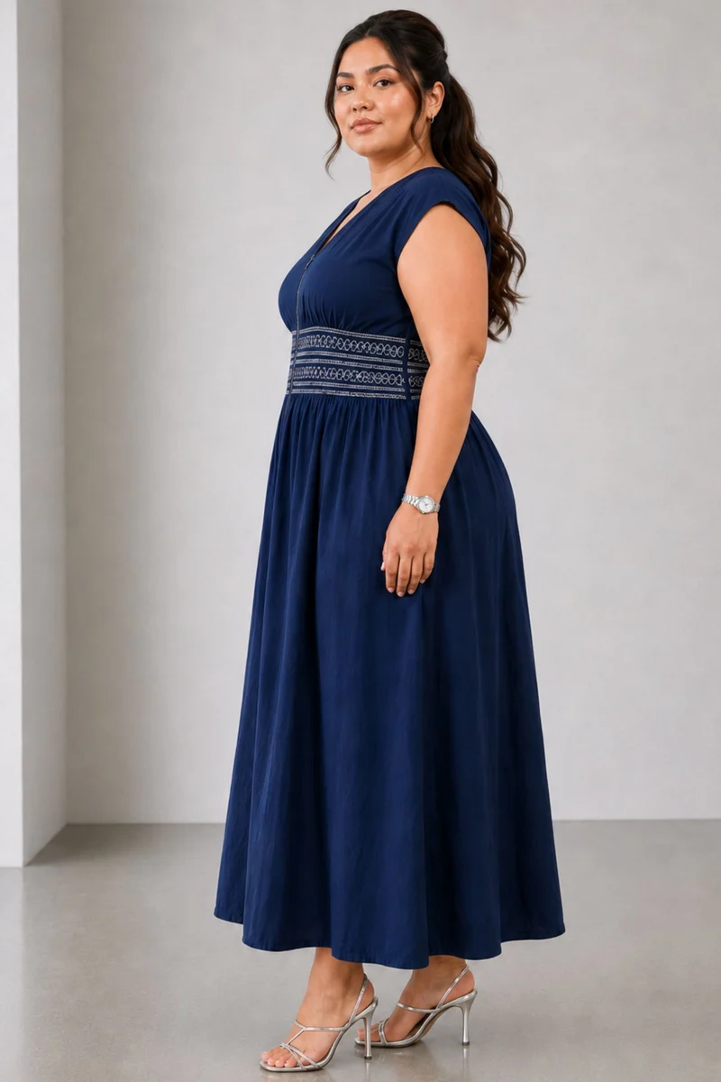 Cerulaine|Cotton Contrast Smocking Maxi Dress