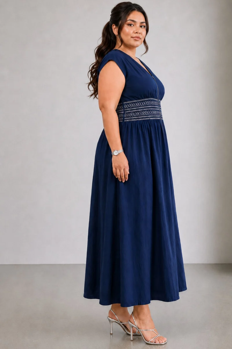 Cerulaine|Cotton Contrast Smocking Maxi Dress