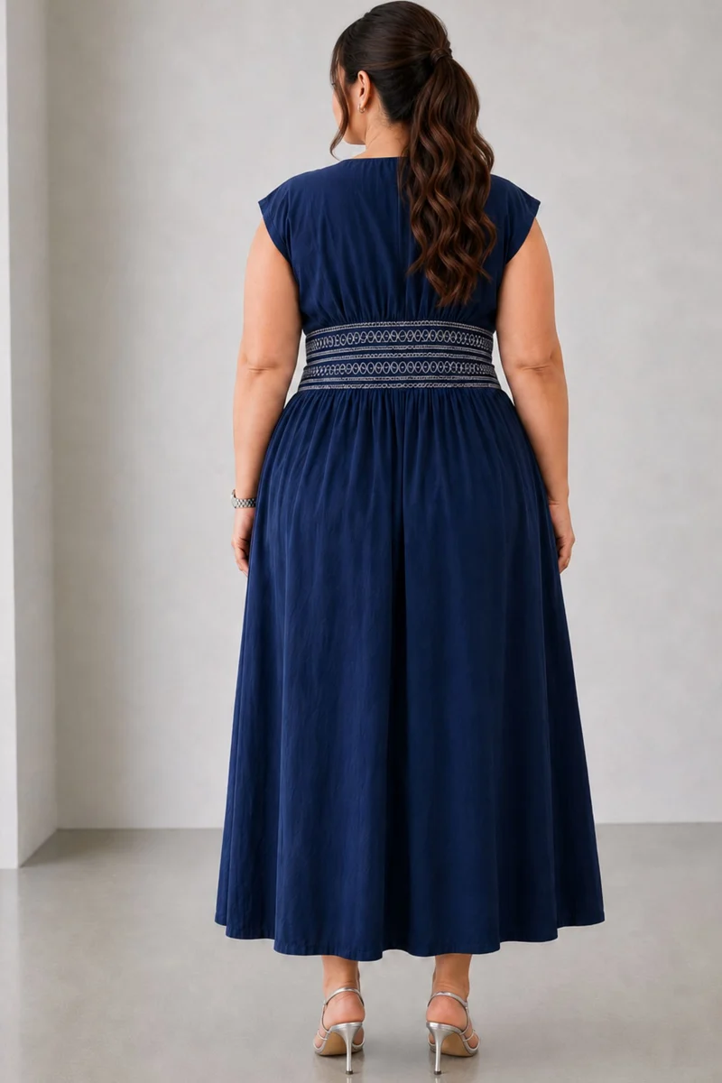 Cerulaine|Cotton Contrast Smocking Maxi Dress