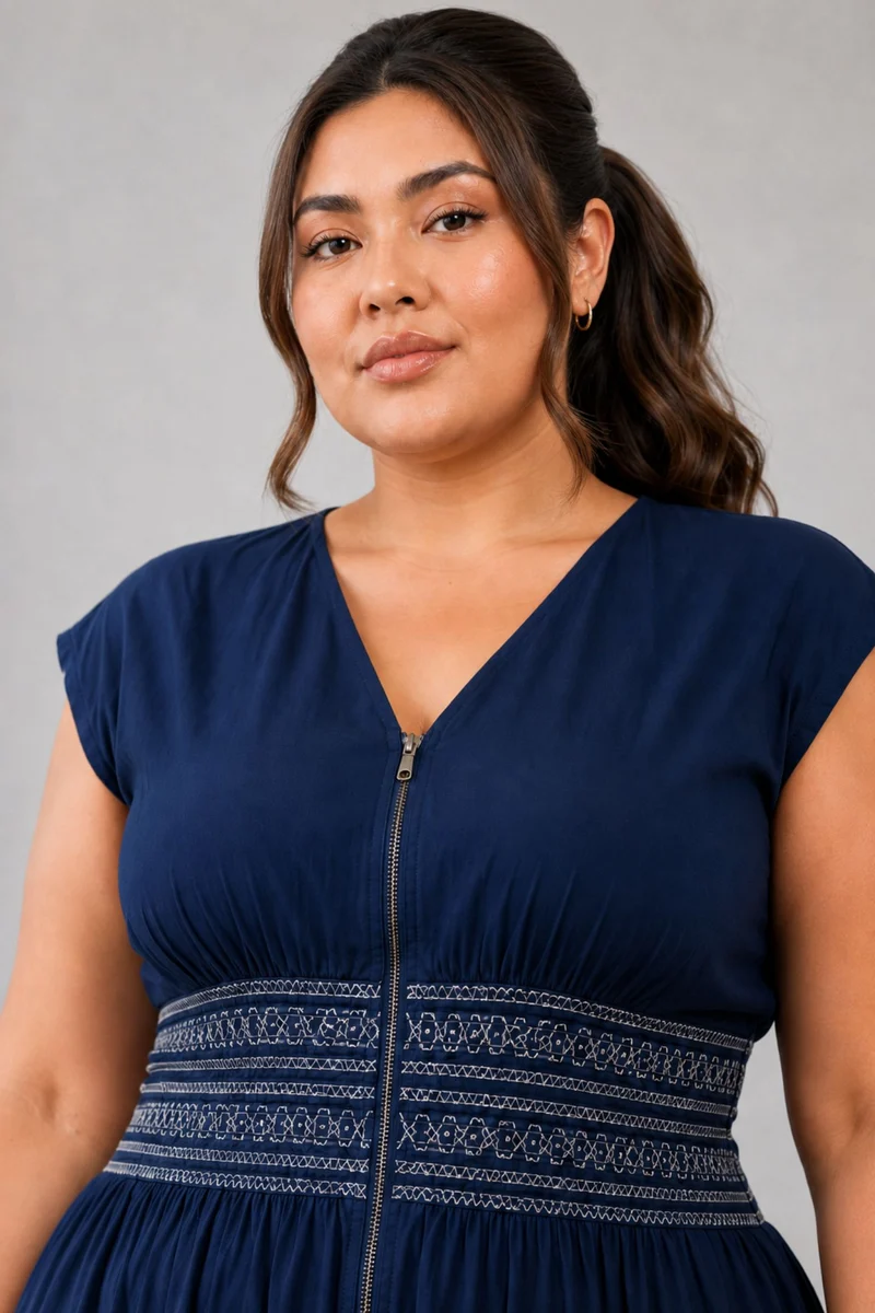 Cerulaine|Cotton Contrast Smocking Maxi Dress