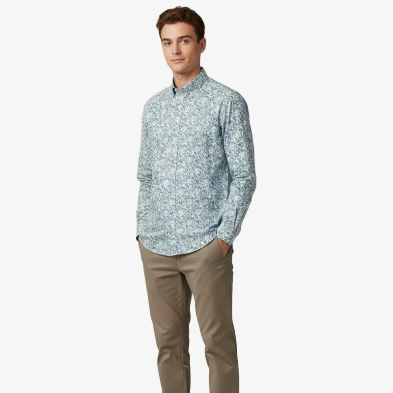 Chemise bleu pacific à manches longues en tissu fleuri