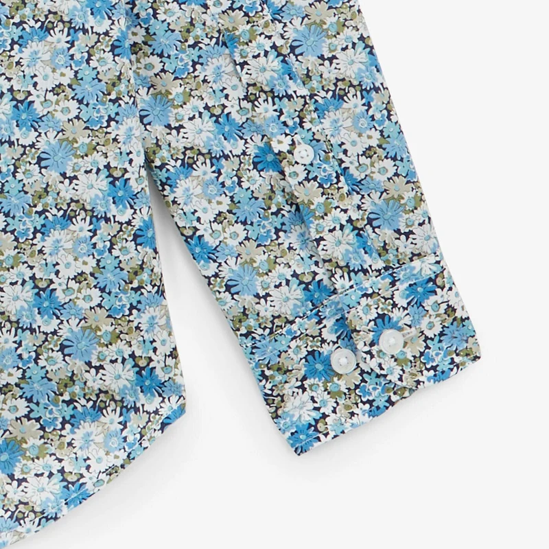 Chemise bleu pacific à manches longues en tissu fleuri