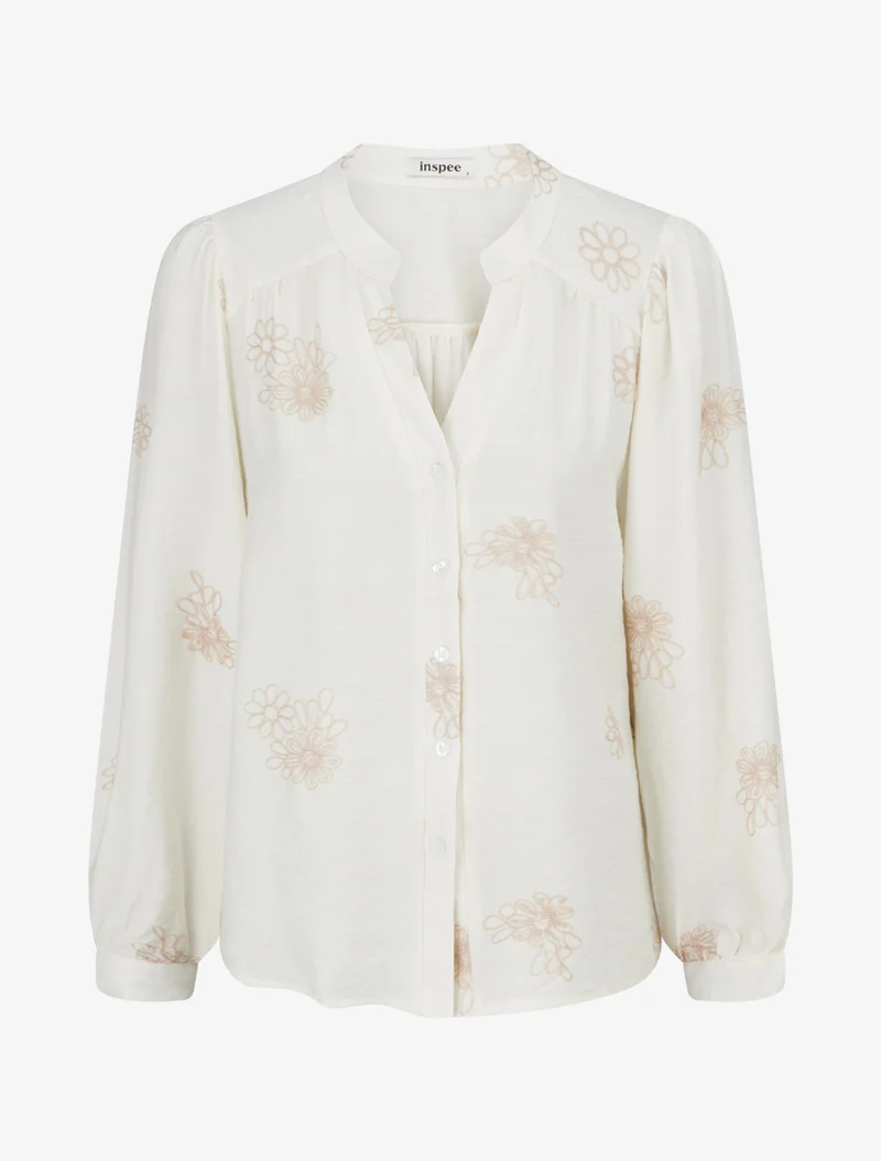 Blouse fluide à broderies florales - Écru