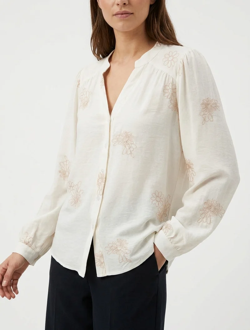 Blouse fluide à broderies florales - Écru