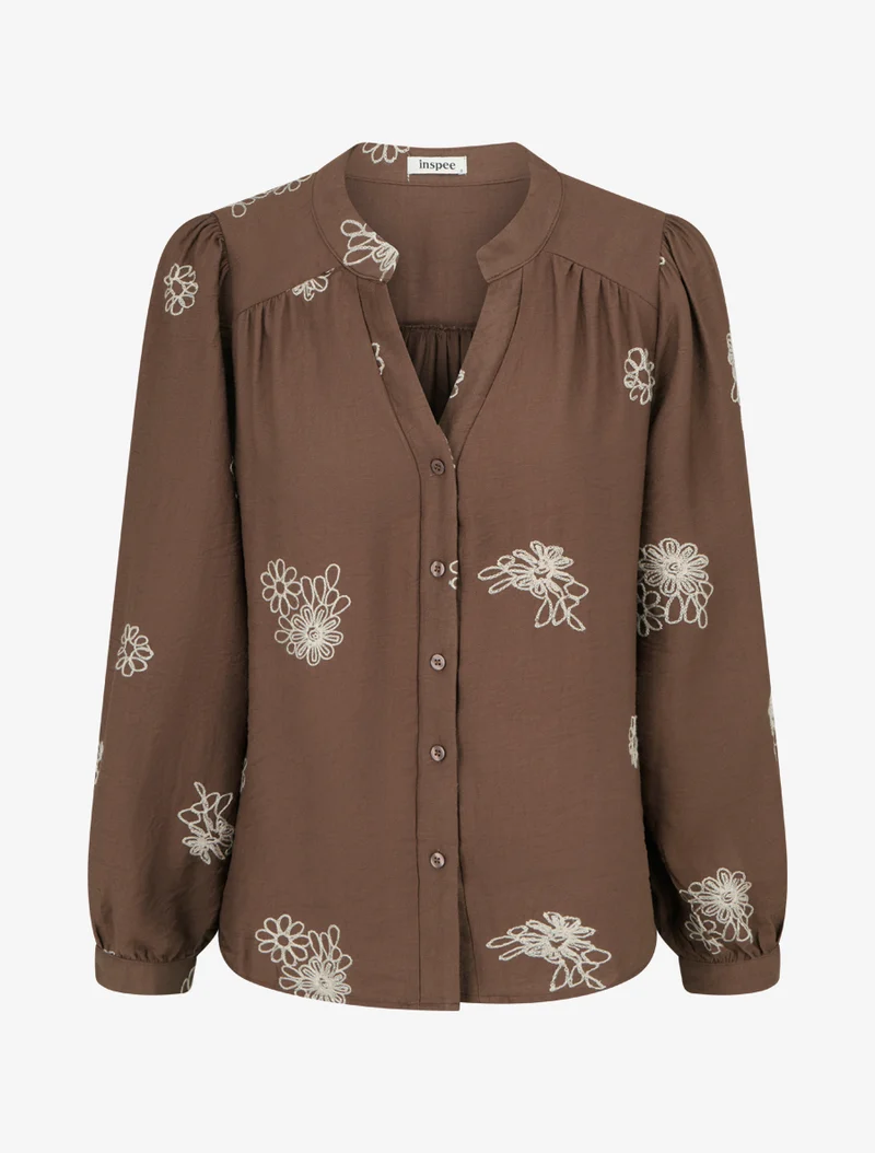 Blouse fluide à broderies florales - Marron