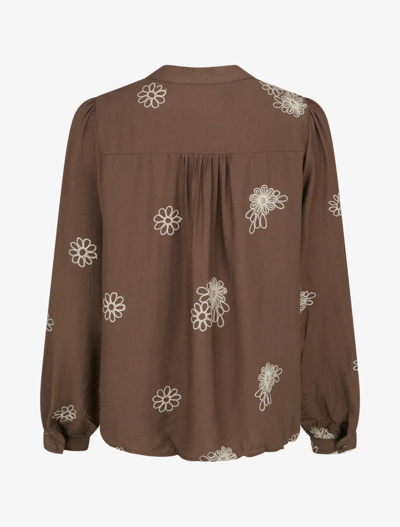 Blouse fluide à broderies florales - Marron