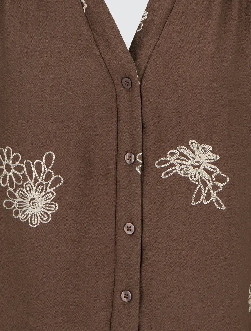Blouse fluide à broderies florales - Marron