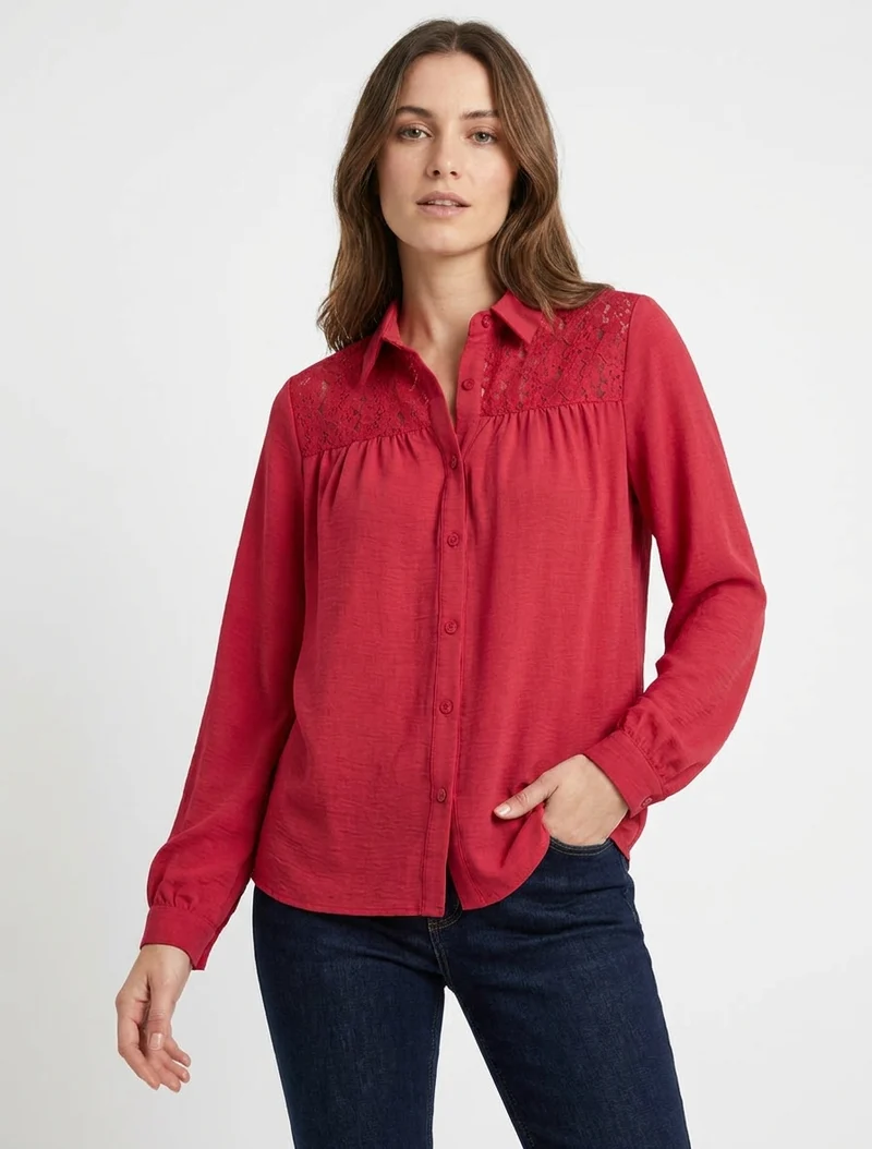 Chemise fluide empiècement dentelle - Rouge