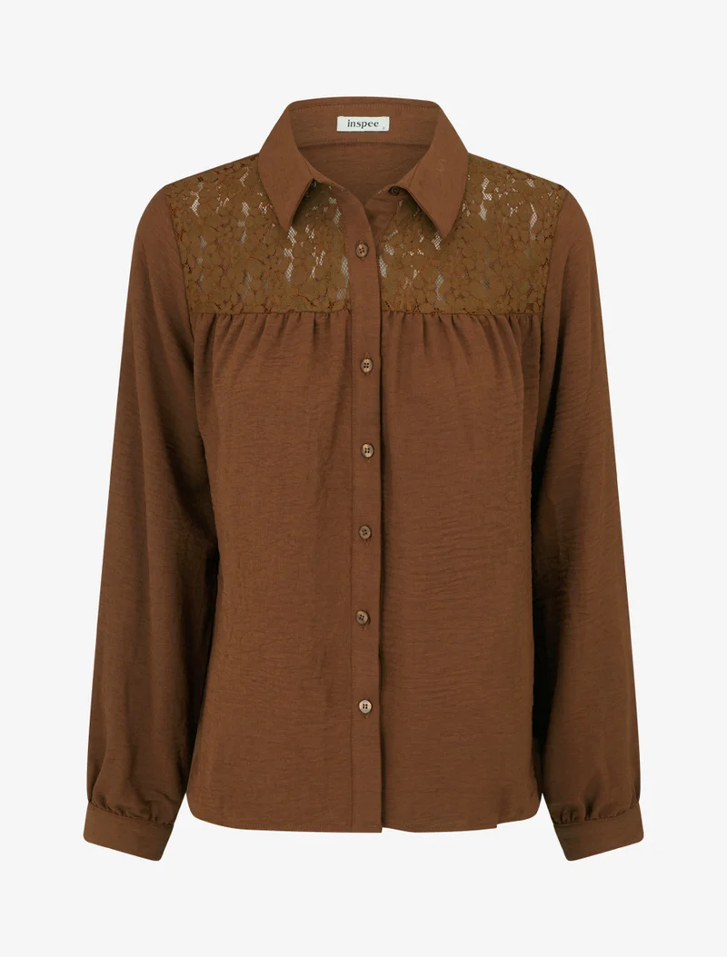 Chemise fluide empiècement dentelle - Camel foncé