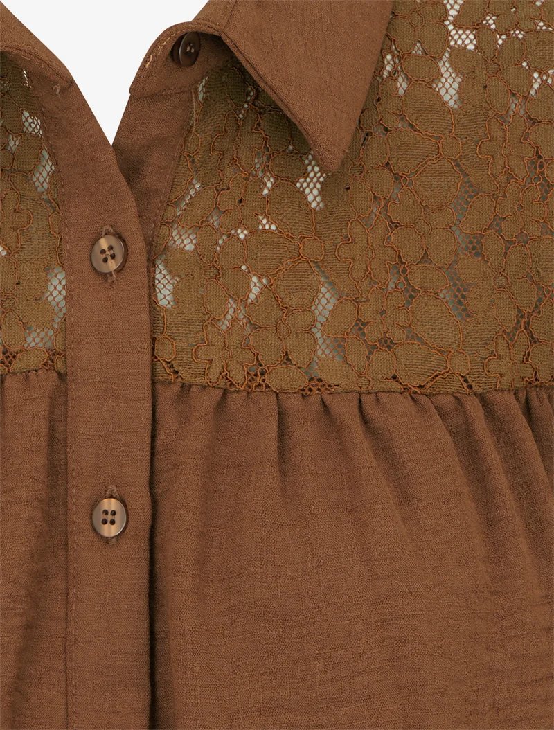 Chemise fluide empiècement dentelle - Camel foncé