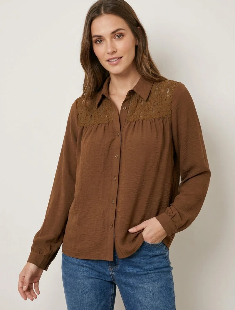 Chemise fluide empiècement dentelle - Camel foncé