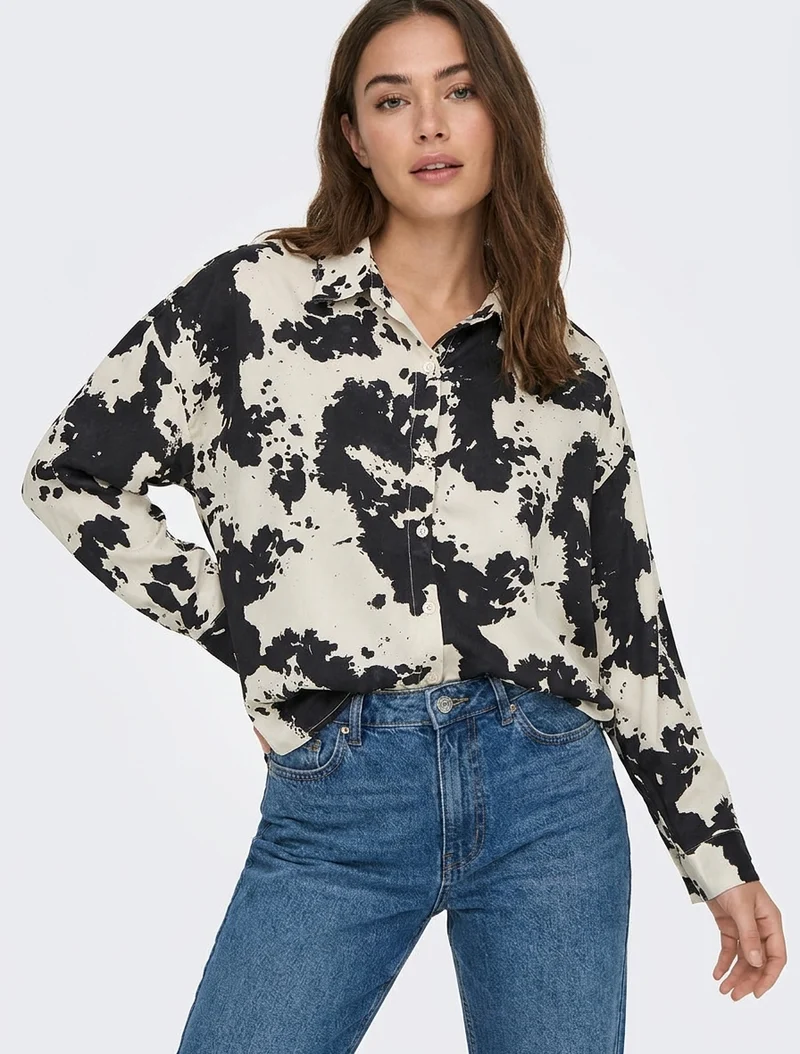 Chemise fluide satinée imprimé vache - Noir