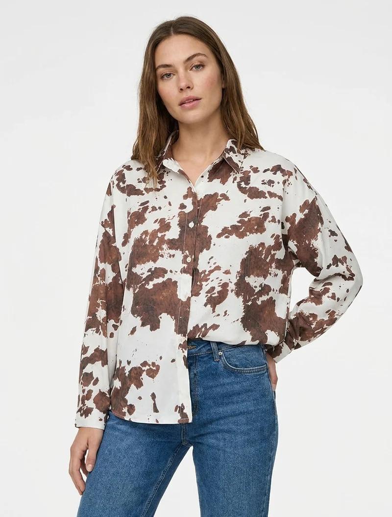 Chemise fluide satinée imprimé vache - Marron