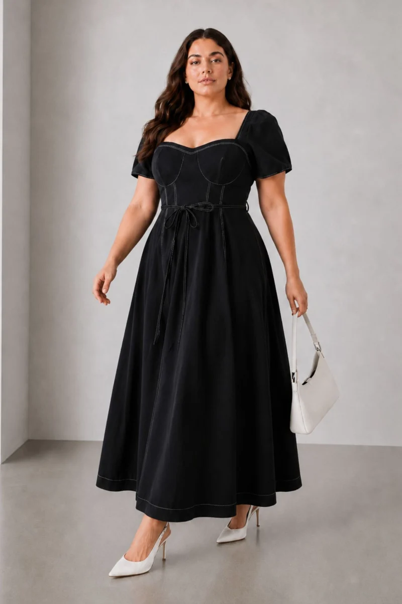 Solvne|Cotton Fitted Bodice Flared Dress