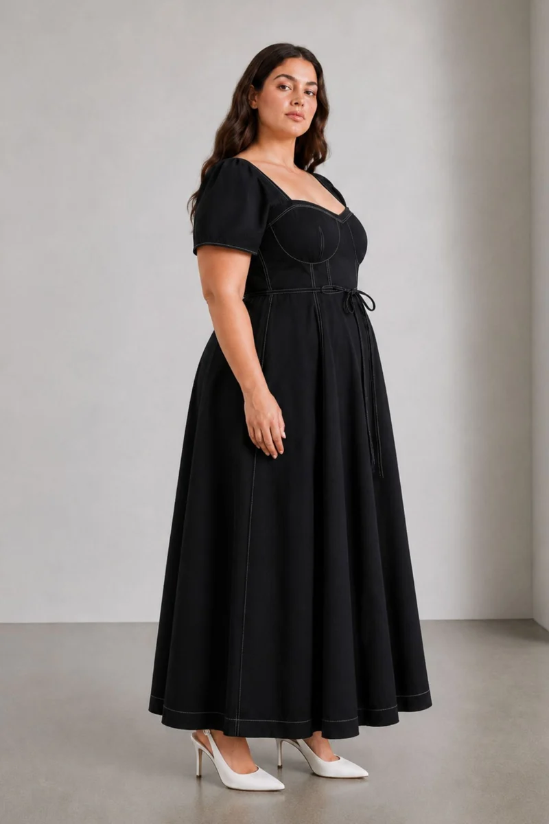 Solvne|Cotton Fitted Bodice Flared Dress