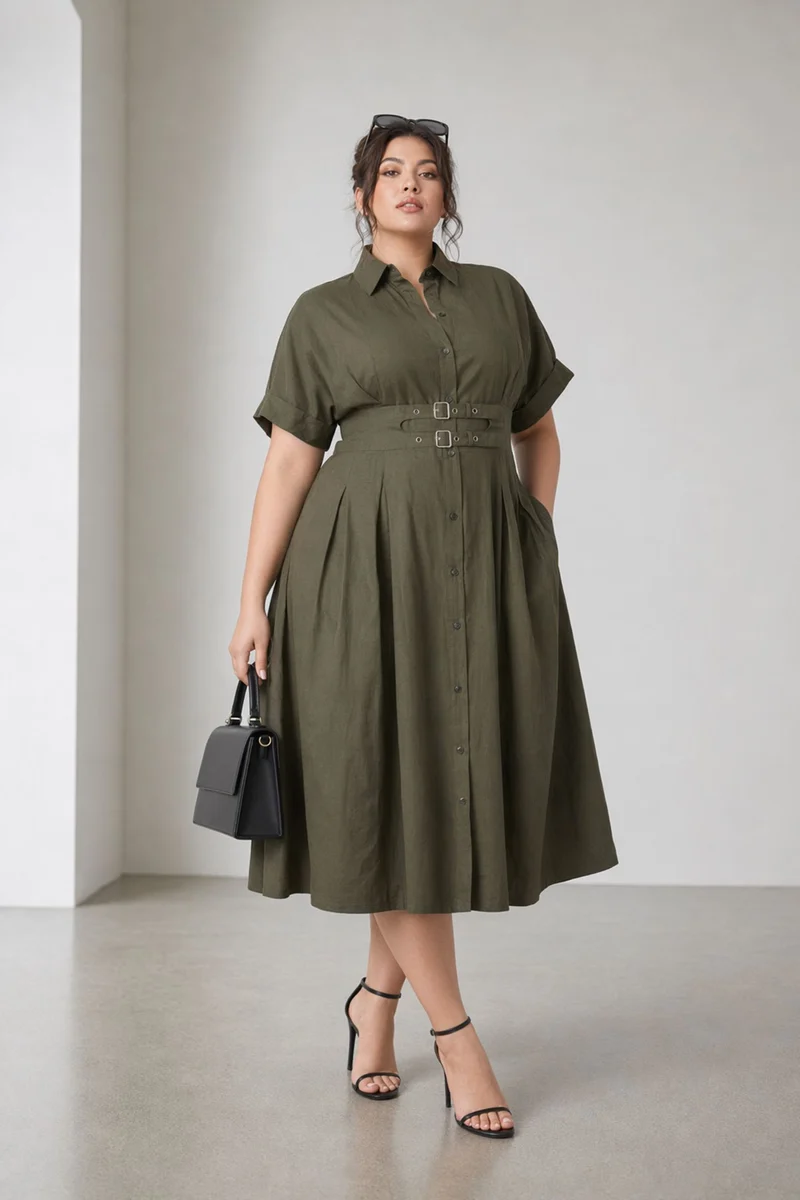 Kezara|100% Cotton Double Belted Midi Dress