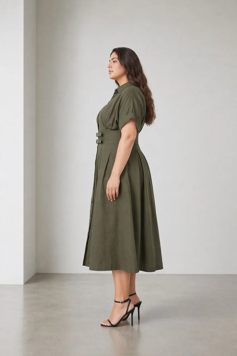 Kezara|100% Cotton Double Belted Midi Dress