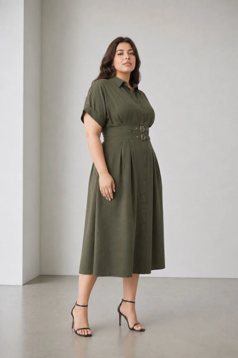 Kezara|100% Cotton Double Belted Midi Dress