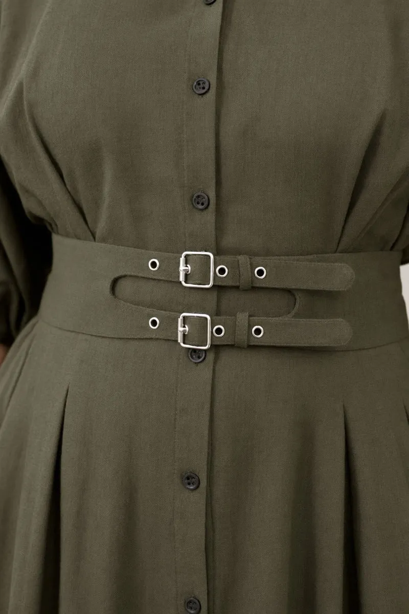 Kezara|100% Cotton Double Belted Midi Dress