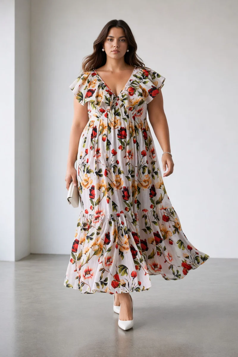 Halina|100% Cotton Floral Maxi Dress