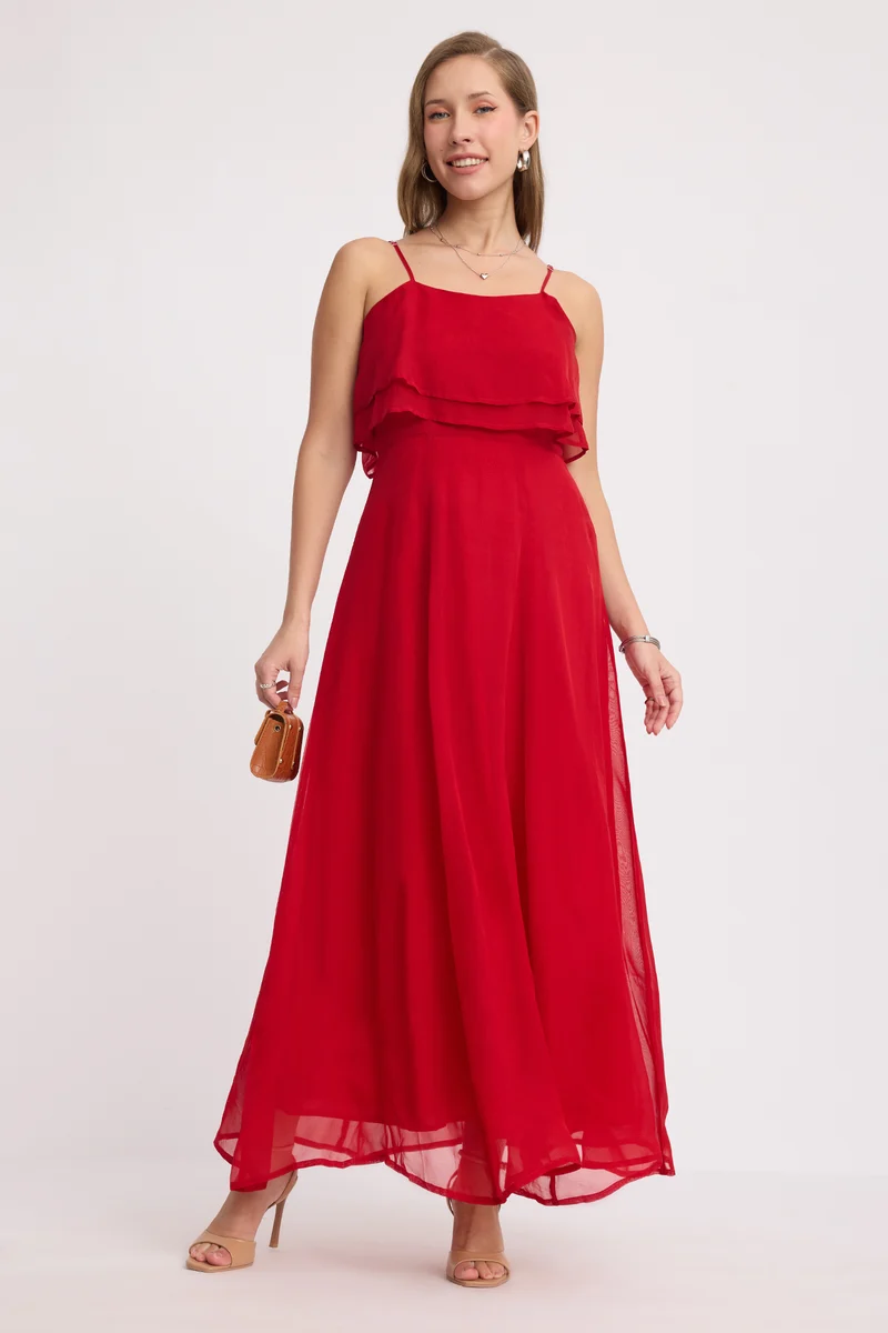Negi|Viscose Strappy Ruffle Flared Gown