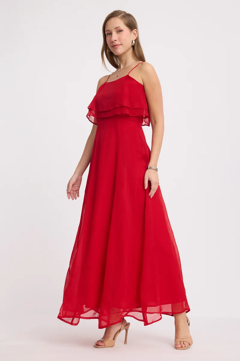 Negi|Viscose Strappy Ruffle Flared Gown