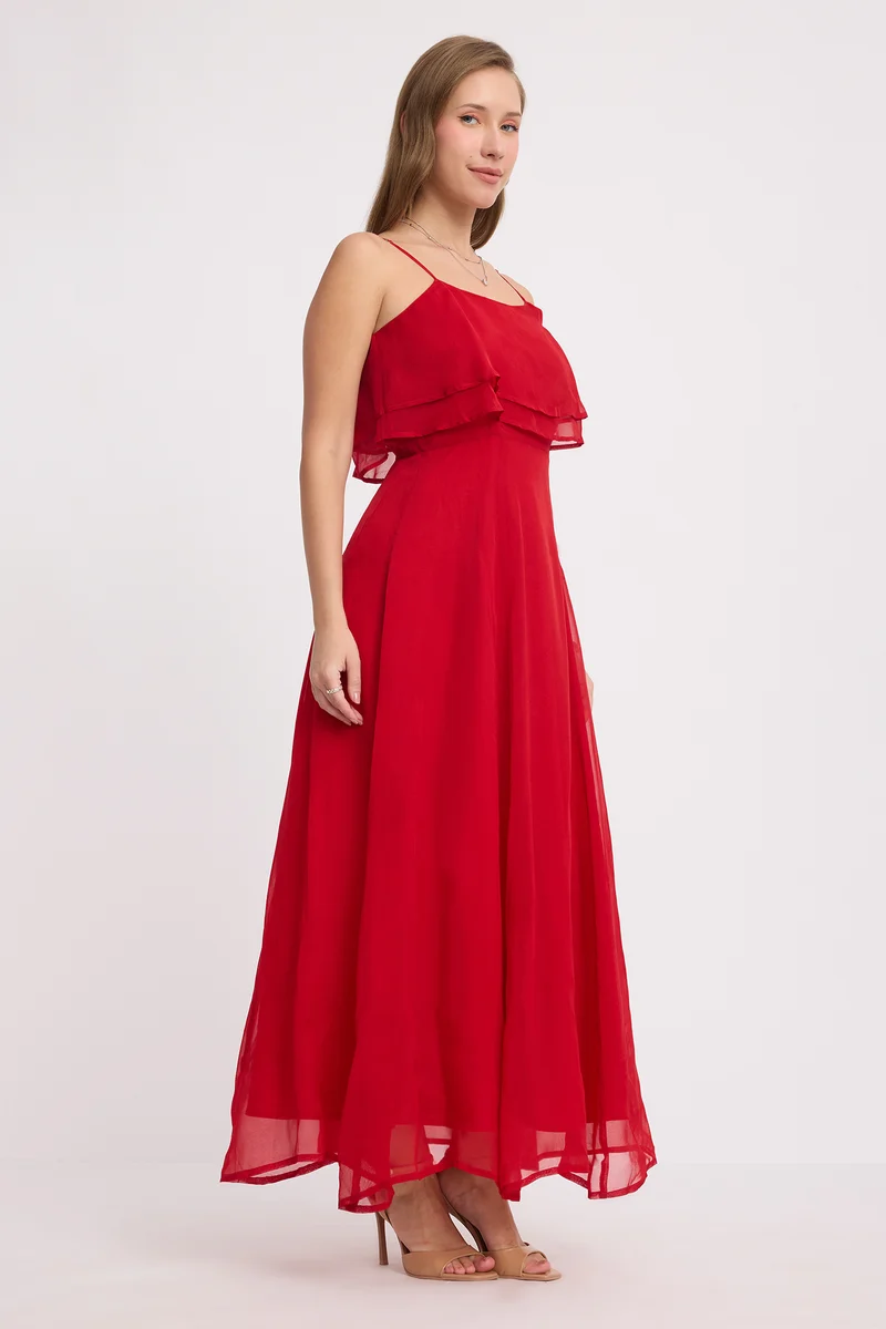 Negi|Viscose Strappy Ruffle Flared Gown
