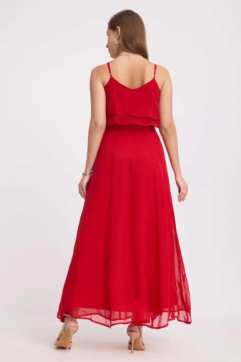 Negi|Viscose Strappy Ruffle Flared Gown