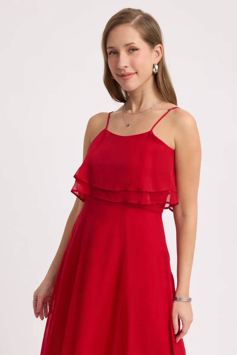Negi|Viscose Strappy Ruffle Flared Gown