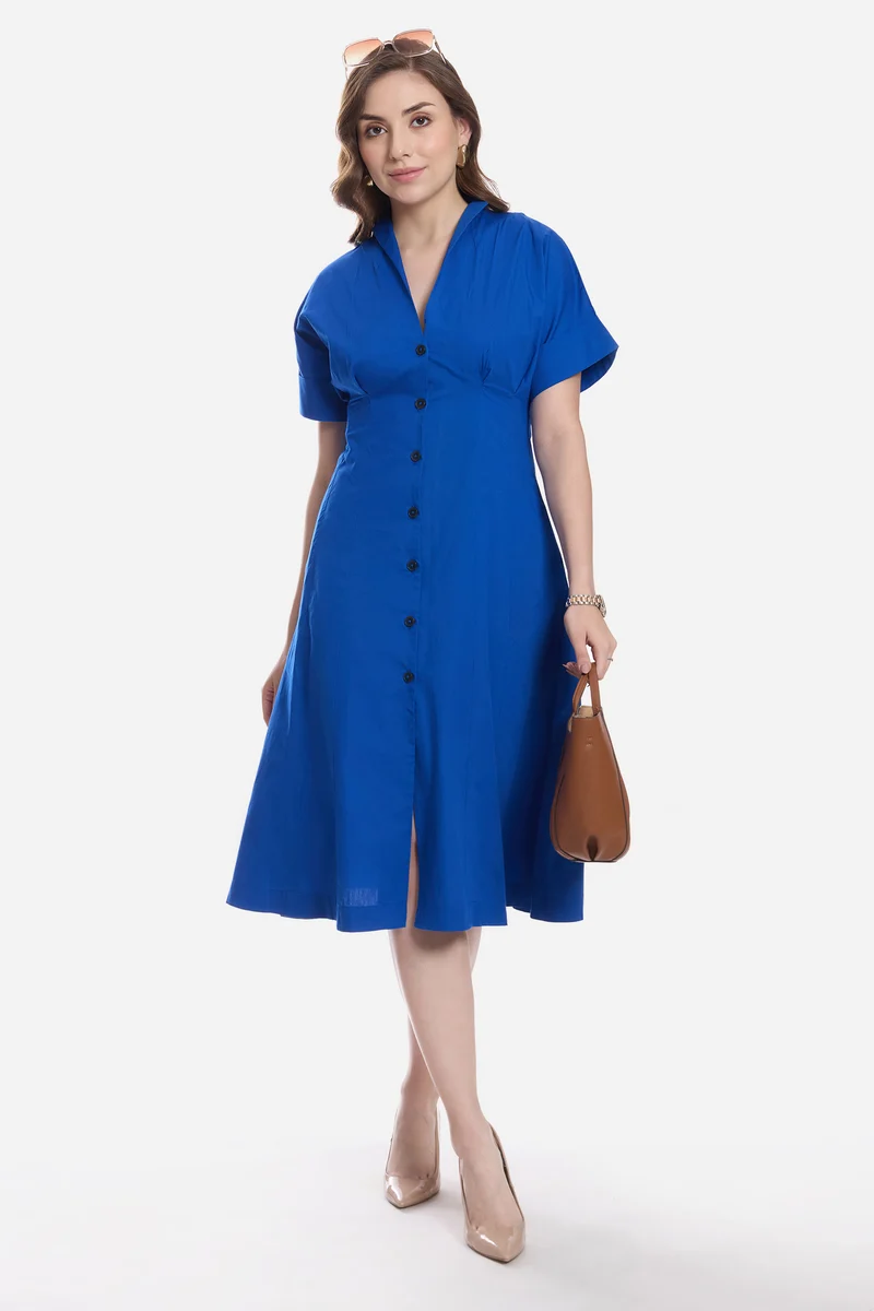 Cadel|100% Cotton Pleat Detail Midi Dress