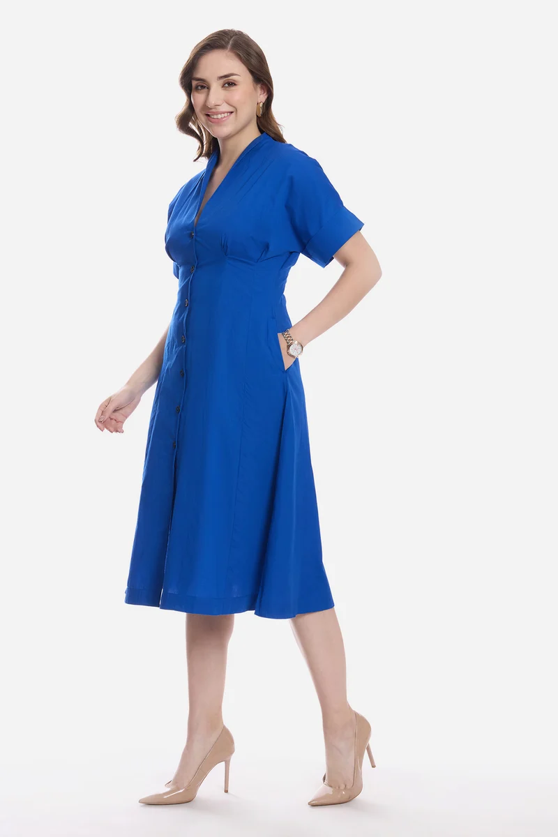 Cadel|100% Cotton Pleat Detail Midi Dress