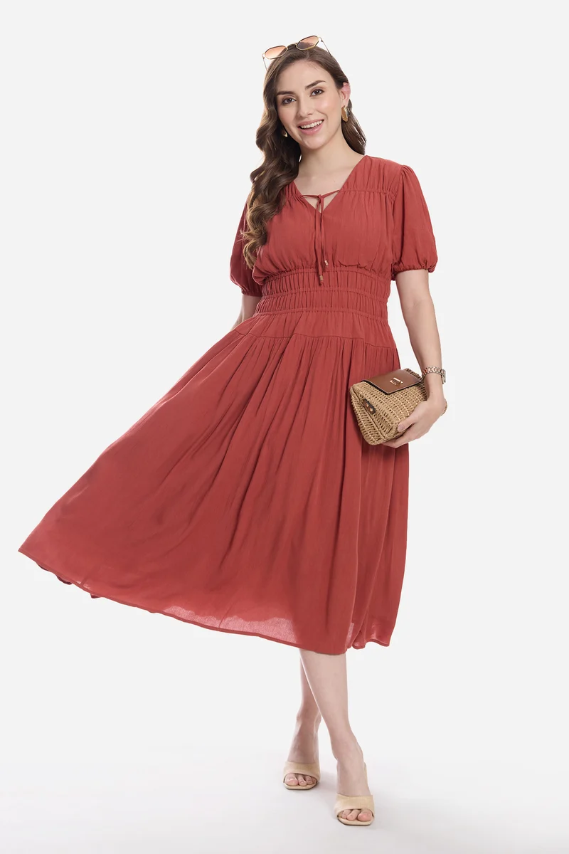 Adiis|100% Viscose Smocked Tie-Up Midi Dress