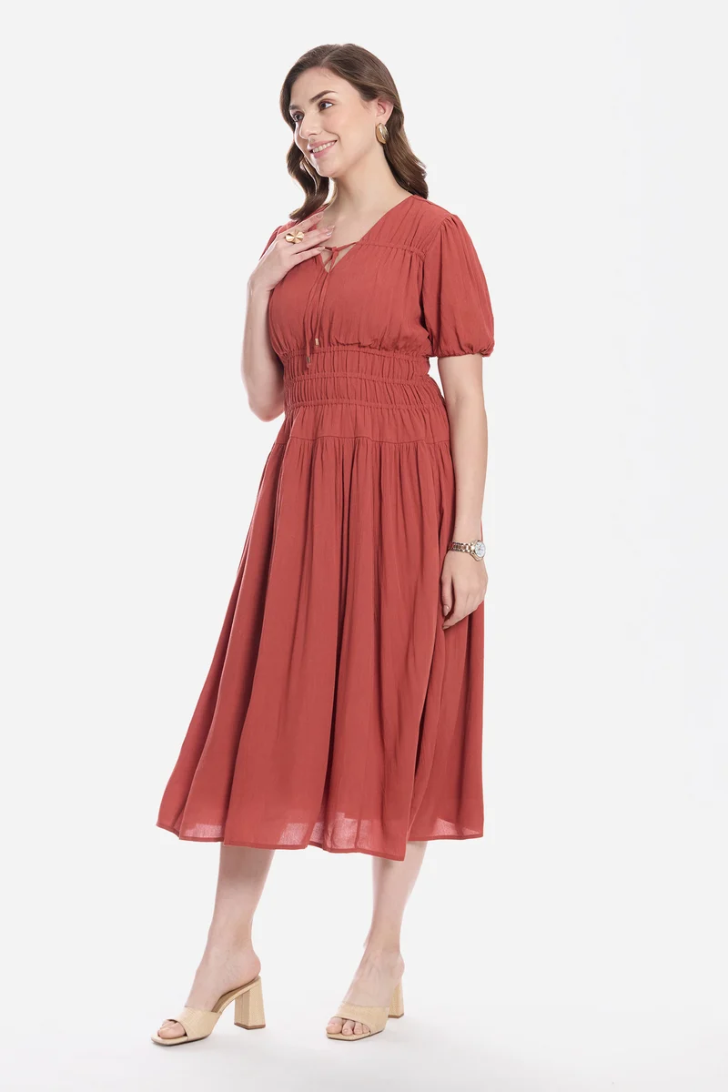 Adiis|100% Viscose Smocked Tie-Up Midi Dress