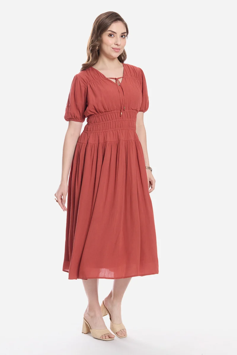 Adiis|100% Viscose Smocked Tie-Up Midi Dress