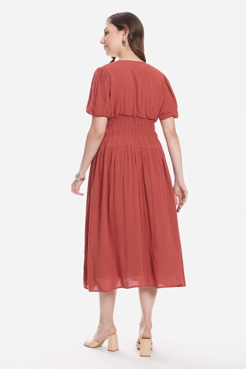 Adiis|100% Viscose Smocked Tie-Up Midi Dress