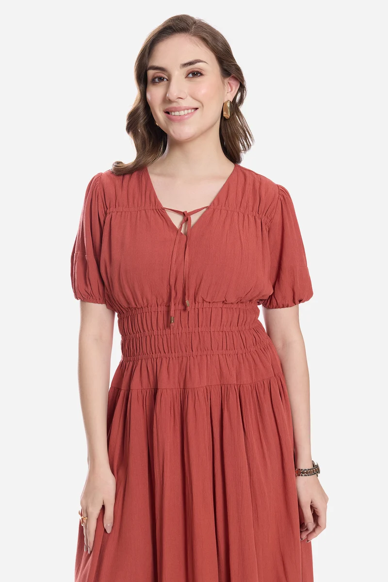 Adiis|100% Viscose Smocked Tie-Up Midi Dress