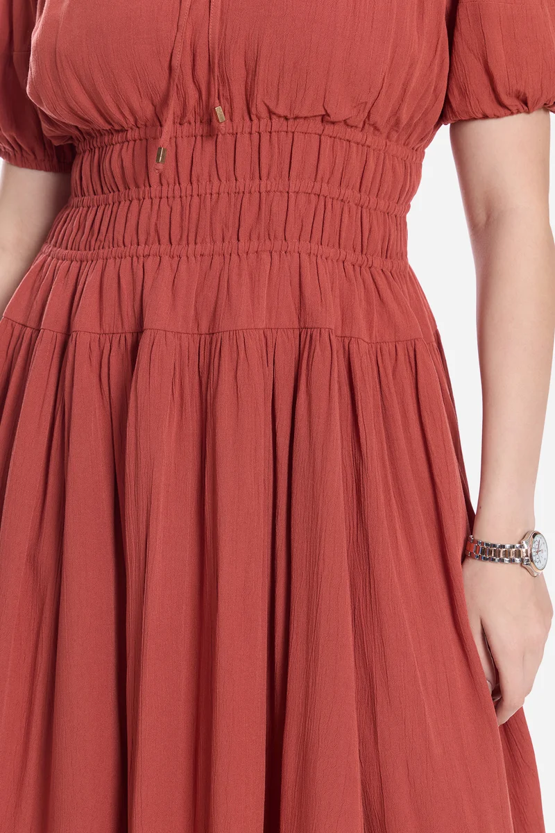 Adiis|100% Viscose Smocked Tie-Up Midi Dress