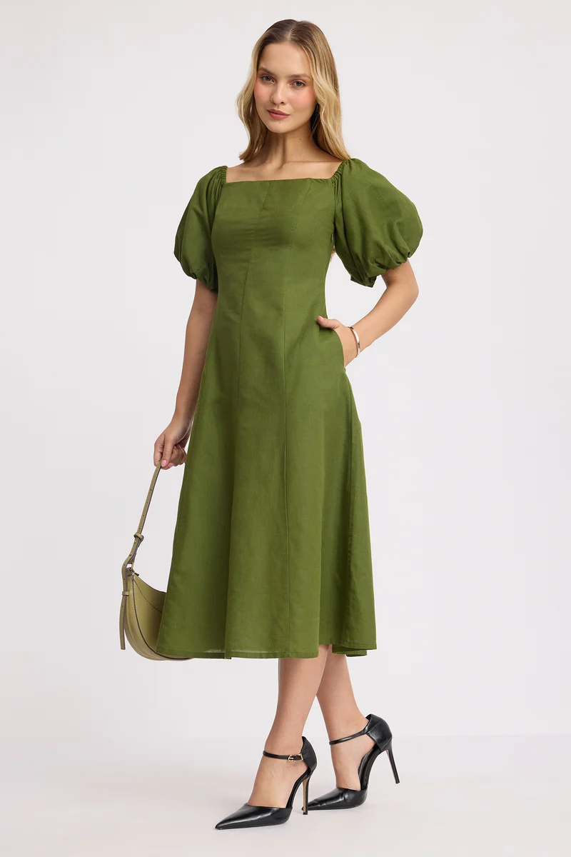 Junae|100% Cotton Off Shoulder Midi Dress