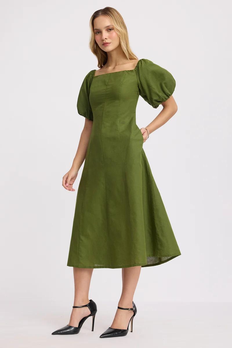 Junae|100% Cotton Off Shoulder Midi Dress